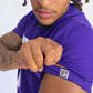 Model wearing a purple shirt with a QR code on a white background